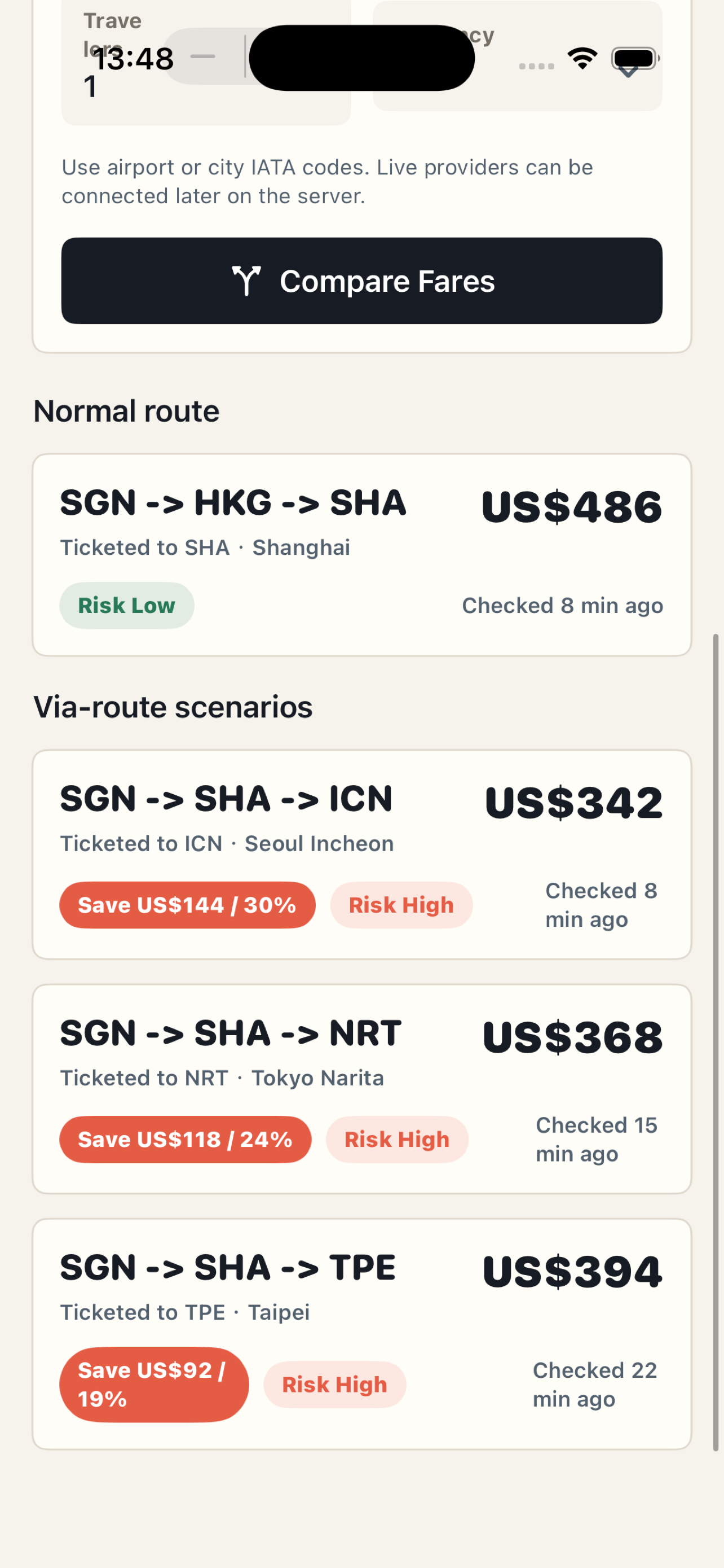 FareVia results screen showing via-route fare scenarios